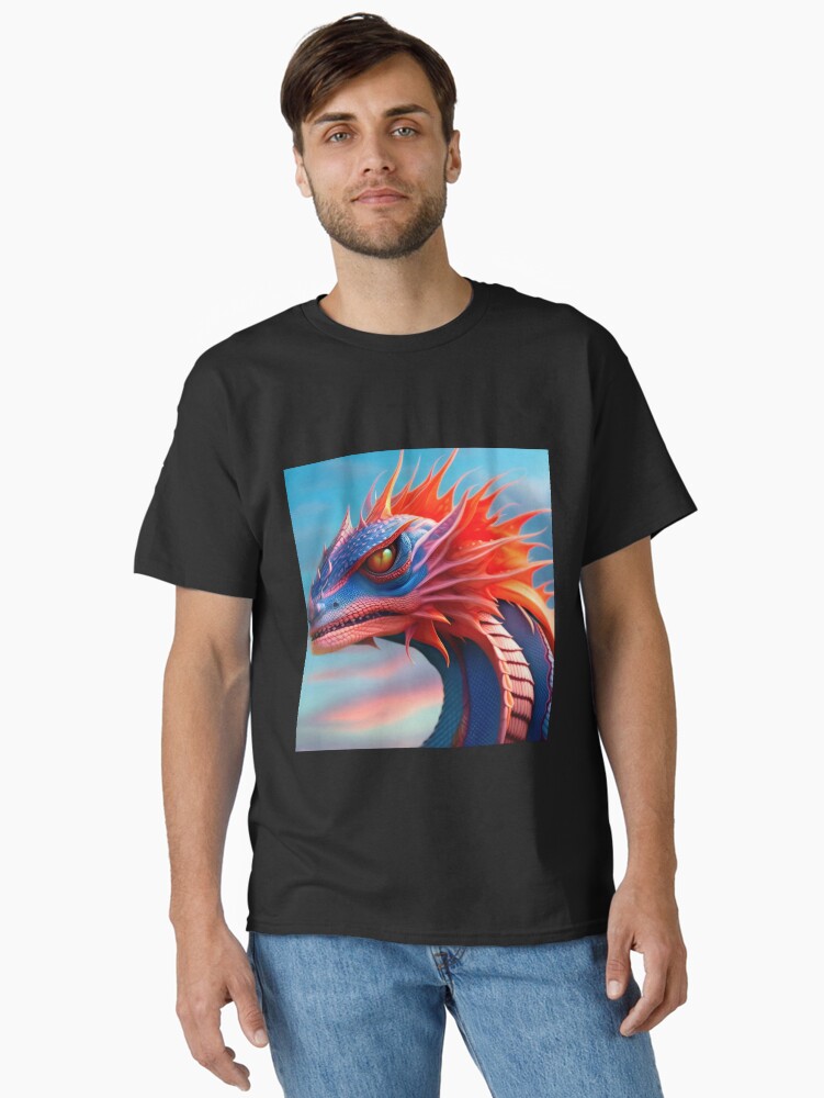 Thumbnail 1 of 7, Classic T-Shirt, Blue and Pink Dragon with Orange Fins designed and sold by dragynrain.