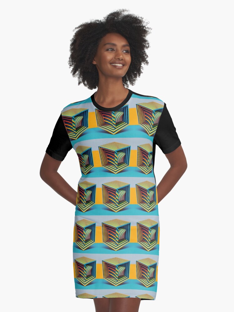 Tangerine and Teal Tilted Op Art Cube 80's Aesthetic Art | Graphic T-Shirt  Dress