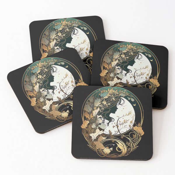Item preview, Silhouette of a Woman's Face Fall Leaves Art Nouveau Alphonse Mucha Inspired Design designed and sold by entwithanaxe.