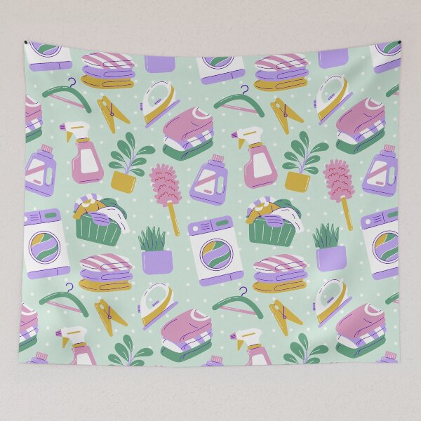 Item preview, Cute Household Chores Themed Seamless Pattern Turquoise designed and sold by MadeByBeata.
