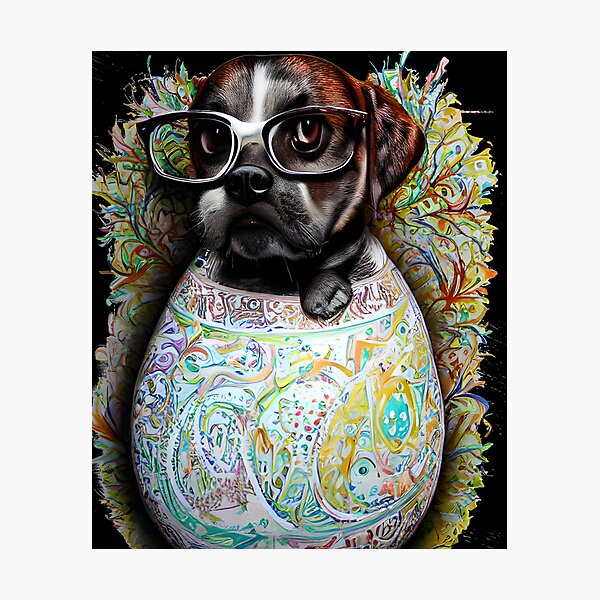 Artikelvorschau, Hund im Ei, Hund in einem Osterei mit Sonnenbrille entworfen und verkauft von NicoDesignArt.