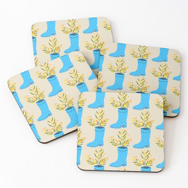 Item preview, Rubber boots Wellies blue checkered Wellington boots and mimosa flower  designed and sold by CutieBlue.