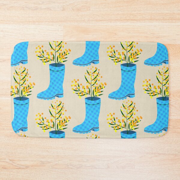 Item preview, Rubber boots Wellies blue checkered Wellington boots and mimosa flower  designed and sold by CutieBlue.