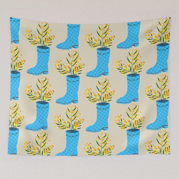 Item preview, Rubber boots Wellies blue checkered Wellington boots and mimosa flower  designed and sold by CutieBlue.