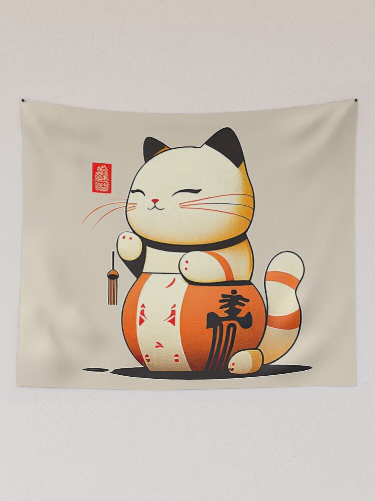 Tentures for Sale avec l'œuvre « Illustration de chat porte-bonheur orange  japonais » de l'artiste unrealartwork