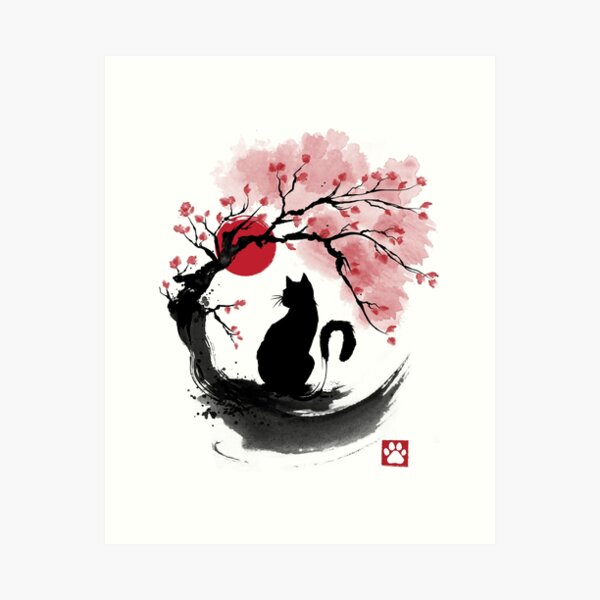 Pretty sumi-e ink and watercolor style Japanese sakura on a pink background  Art Print by cuisine cat (sister site of fantasee)
