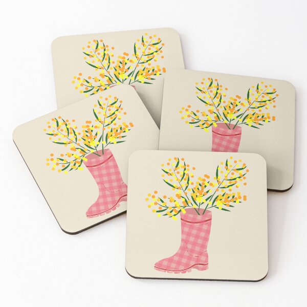 Item preview, Rubber boots Wellies pink checkered Wellington boots and mimosa flower  designed and sold by CutieBlue.