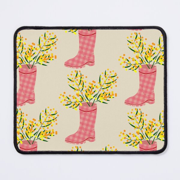 Item preview, Rubber boots Wellies pink checkered Wellington boots and mimosa flower designed and sold by CutieBlue.