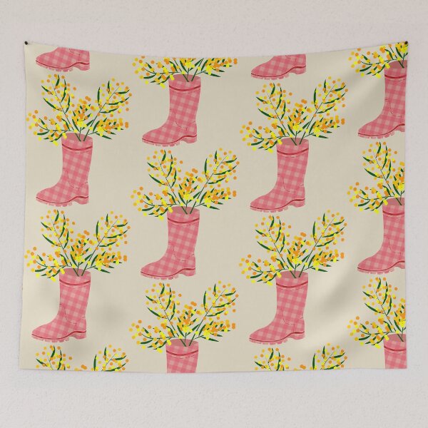 Item preview, Rubber boots Wellies pink checkered Wellington boots and mimosa flower  designed and sold by CutieBlue.