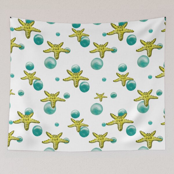 Item preview, Starfish yellow bubble pattern a watercolor sketch designed and sold by Yana Mustafina | Boho Soulful Designs.