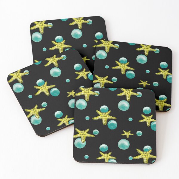 Item preview, Starfish yellow bubble pattern a watercolor sketch black designed and sold by Yana Mustafina | Boho Soulful Designs.