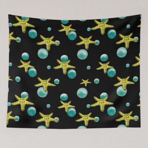 Item preview, Starfish yellow bubble pattern a watercolor sketch black designed and sold by Yana Mustafina | Boho Soulful Designs.