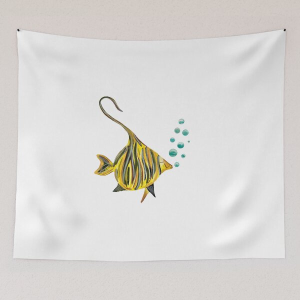Item preview, Fish yellow bubbles sea ocean watercolor sketch  designed and sold by Yana Mustafina | Boho Soulful Designs.