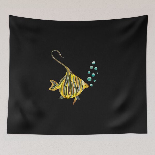 Item preview, Fish yellow bubbles sea ocean watercolor sketch black designed and sold by Yana Mustafina | Boho Soulful Designs.