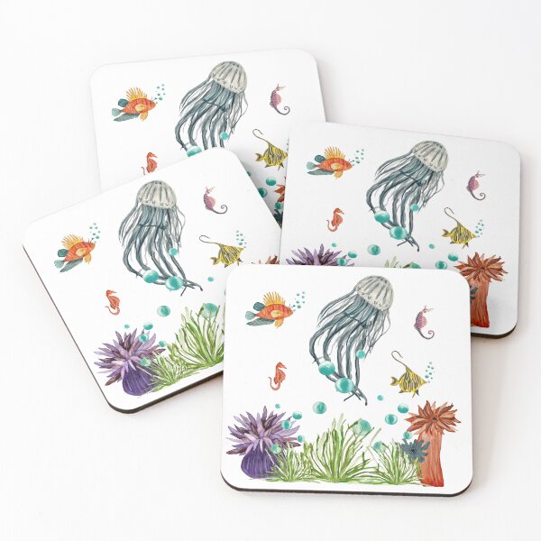 Item preview, Coral jellyfish seaweed bubble sea fish watercolor designed and sold by Yana Mustafina | Boho Soulful Designs.
