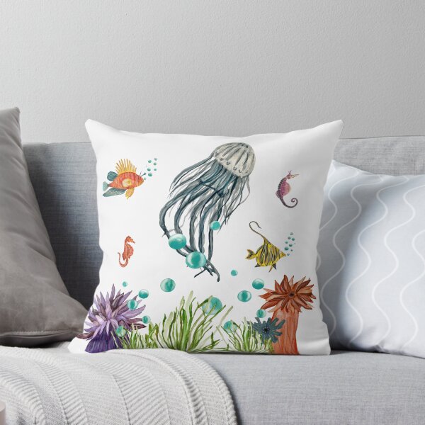 Item preview, Coral jellyfish seaweed bubble sea fish watercolor designed and sold by Yana Mustafina | Boho Soulful Designs.