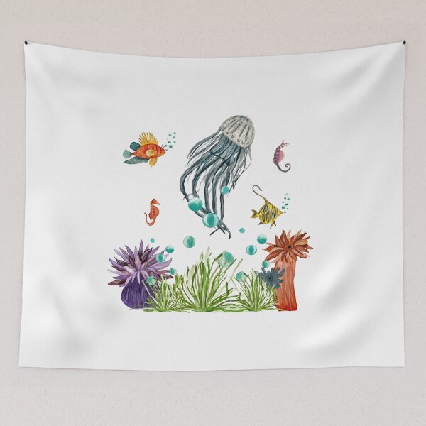 Item preview, Coral jellyfish seaweed bubble sea fish watercolor designed and sold by Yana Mustafina | Boho Soulful Designs.