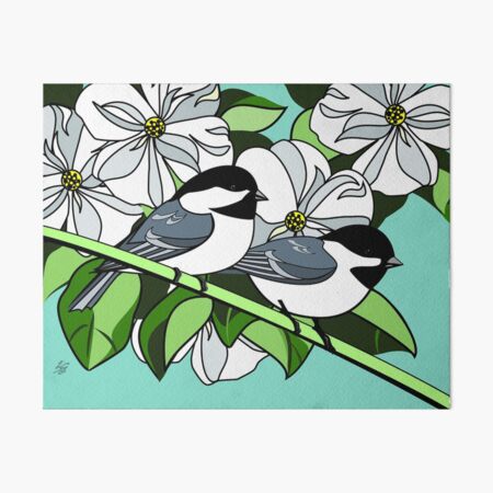 Black Capped Chickadees With Dogwood Flowers Art Board Print