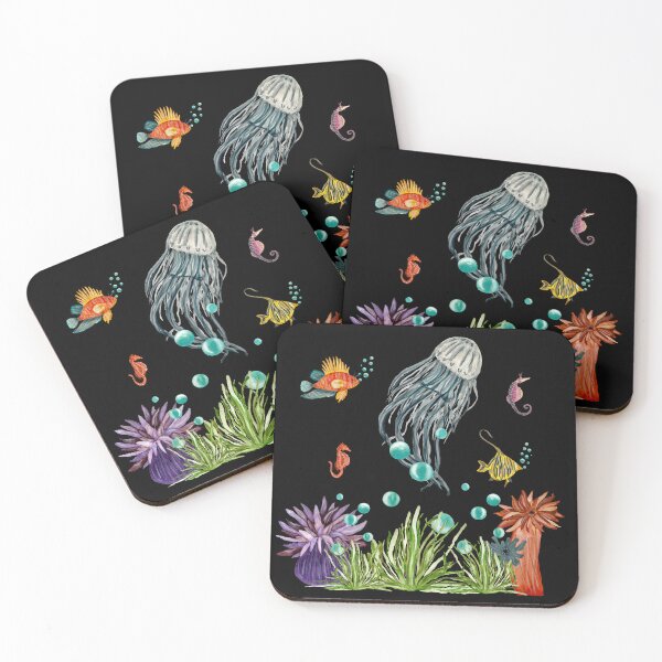 Item preview, Coral jellyfish seaweed bubble sea fish watercolor black designed and sold by Yana Mustafina | Boho Soulful Designs.