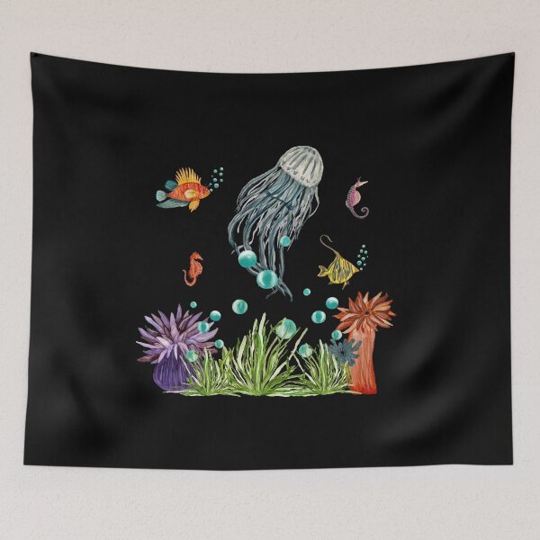 Item preview, Coral jellyfish seaweed bubble sea fish watercolor black designed and sold by Yana Mustafina | Boho Soulful Designs.