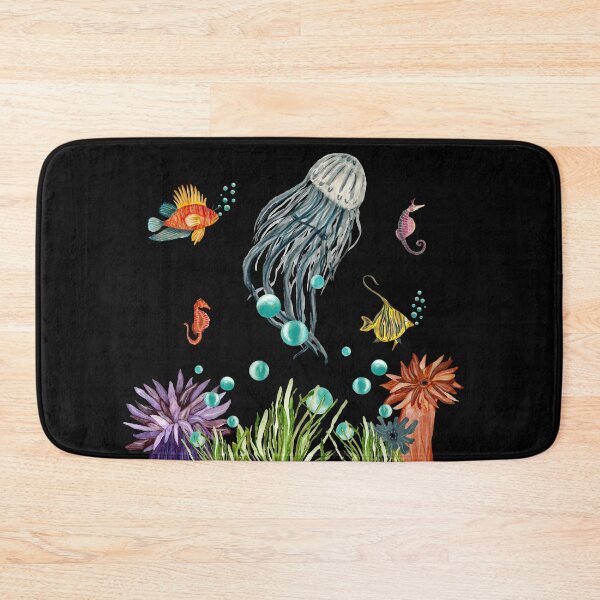 Item preview, Coral jellyfish seaweed bubble sea fish watercolor black designed and sold by Yana Mustafina | Boho Soulful Designs.