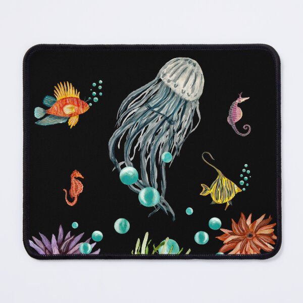 Item preview, Coral jellyfish seaweed bubble sea fish watercolor black designed and sold by Yana Mustafina | Boho Soulful Designs.