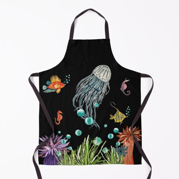 Item preview, Coral jellyfish seaweed bubble sea fish watercolor black designed and sold by Yana Mustafina | Boho Soulful Designs.