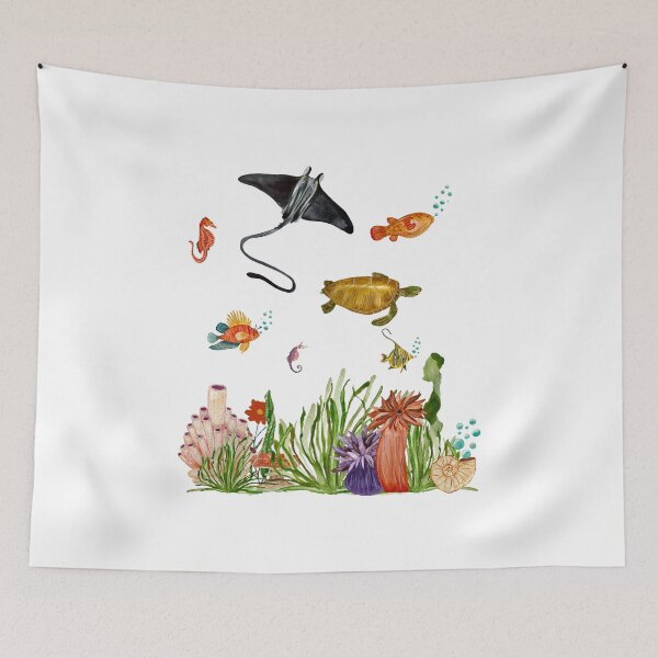 Item preview, Seaweed coral turtle slope fish shell watercolor designed and sold by Yana Mustafina | Boho Soulful Designs.