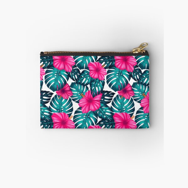 Item preview, Monstera Leaves and Hibiscus, Teal and Pink on white designed and sold by Guided by Light Art.