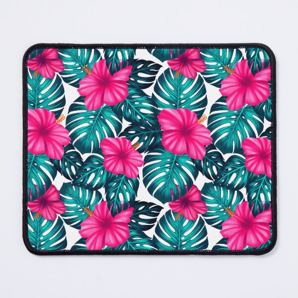 Item preview, Monstera Leaves and Hibiscus, Teal and Pink on white designed and sold by Guided by Light Art.