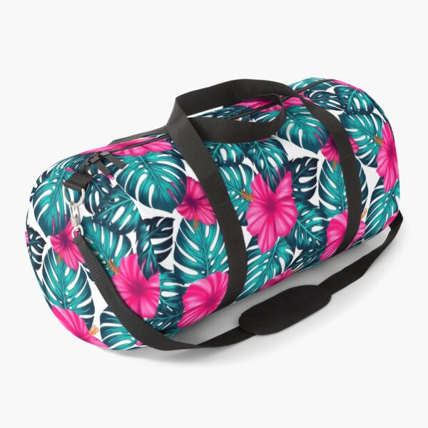 Item preview, Monstera Leaves and Hibiscus, Teal and Pink on white designed and sold by Guided by Light Art.
