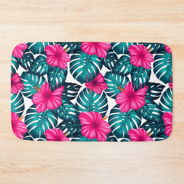 Item preview, Monstera Leaves and Hibiscus, Teal and Pink on white designed and sold by Guided by Light Art.