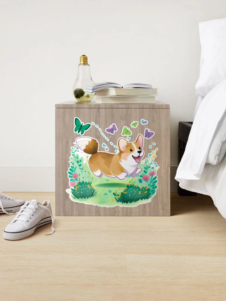 Playful Corgi Chasing Butterflies in a Lush Green Garden Sticker for Sale  by Akira Miyamoto