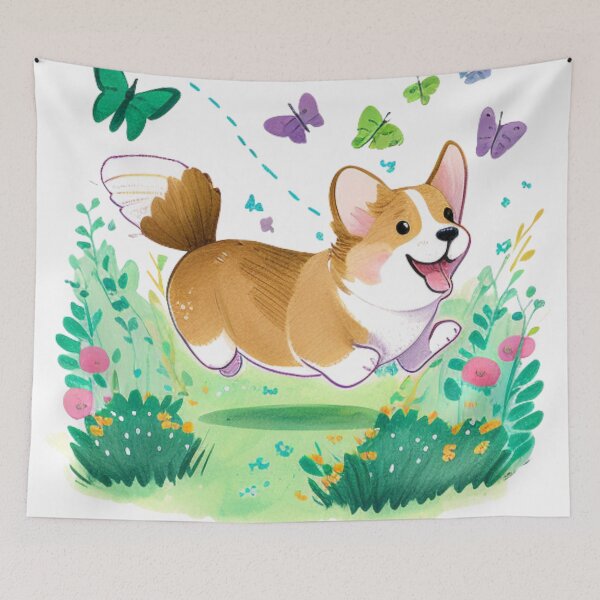 Item preview, Playful Corgi Chasing Butterflies in a Lush Green Garden designed and sold by Akira Miyamoto.