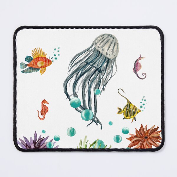 Item preview, Coral jellyfish seaweed bubble sea fish watercolor designed and sold by Yana Mustafina | Boho Soulful Designs.