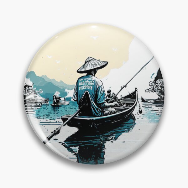 Item preview, solo fisherman on canoe in asia with blue water light blu designed and sold by OKR1M.