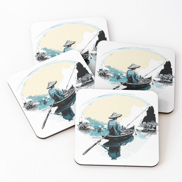 Item preview, solo fisherman on canoe in asia with blue water light blu designed and sold by OKR1M.