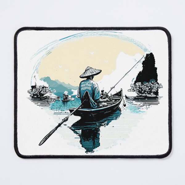 Item preview, solo fisherman on canoe in asia with blue water light blu designed and sold by OKR1M.