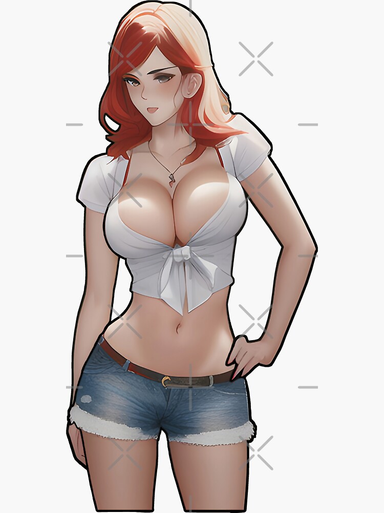anime girl in bikini, blue eyes, red hair, large chest, digital  