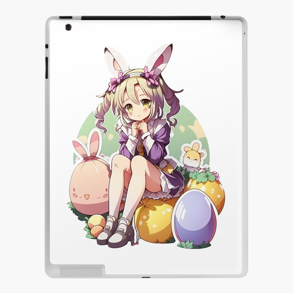 Cute Anime Bunny Girl Next to Easter Eggs