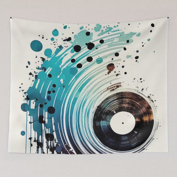 Aperçu de l'œuvre Aquarelle de disque vinyle et de vagues musicales créée et vendue par artefacta.