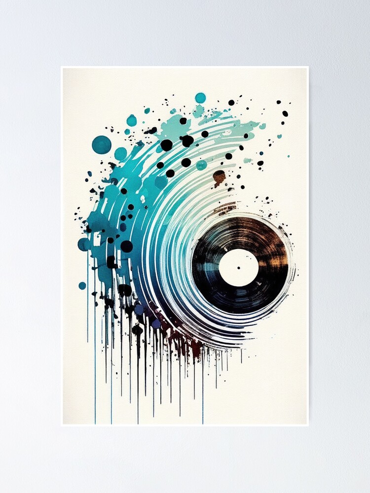 Watercolor of vinyl record and music waves 