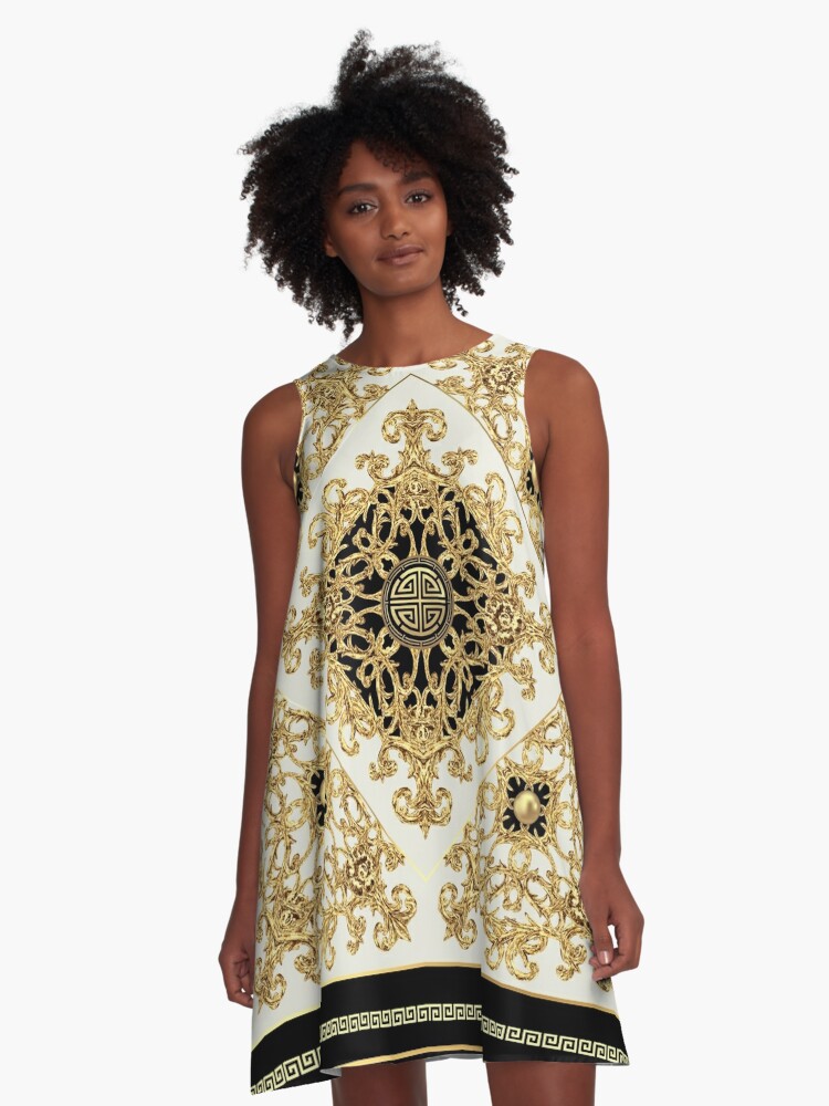 Greek Key Diamond Ornate Baroque Black Gold Cream A Line Dress for Sale by Yiorgos Designs Redbubble