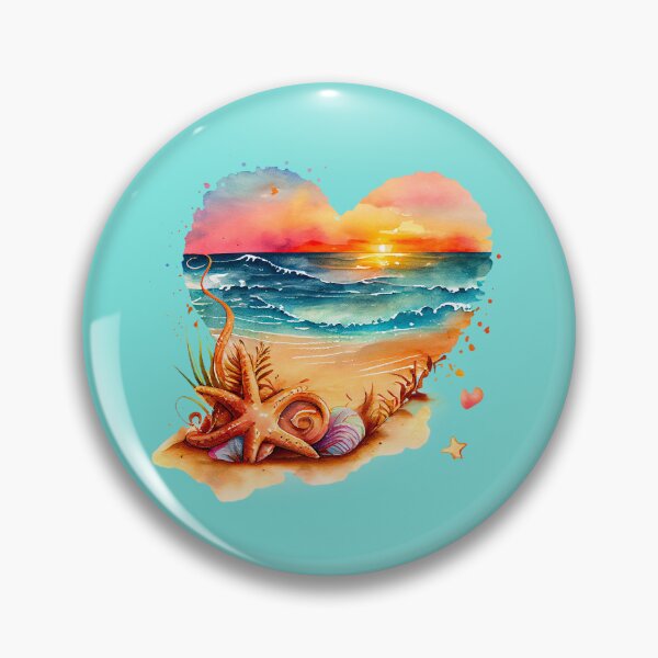 Artikelvorschau, Vintage Surfstrand: Retro Aquarell Herz mit Seesternen, Muscheln und Wellen entworfen und verkauft von MagicStrawberry.