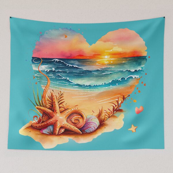 Artikelvorschau, Vintage Surfstrand: Retro Aquarell Herz mit Seesternen, Muscheln und Wellen entworfen und verkauft von MagicStrawberry.