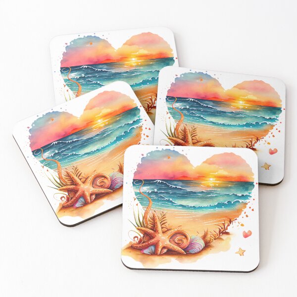 Artikelvorschau, Vintage Surfstrand: Retro Aquarell Herz mit Seesternen, Muscheln und Wellen entworfen und verkauft von MagicStrawberry.