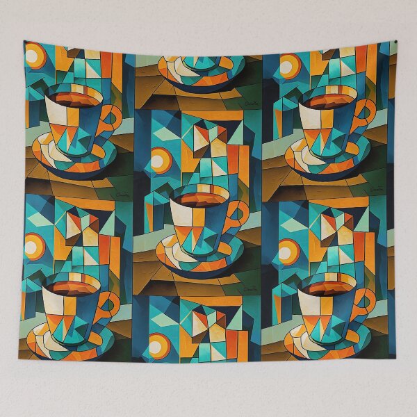 Item preview, Cubist painting of steaming cup of coffee 3 designed and sold by artefacta.