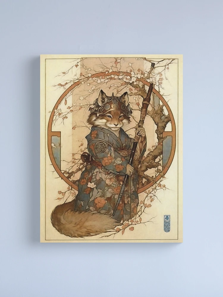 絵画 TANUKI_5 Vintage Art Nouveau Traditional Japanese Tanuki Samurai