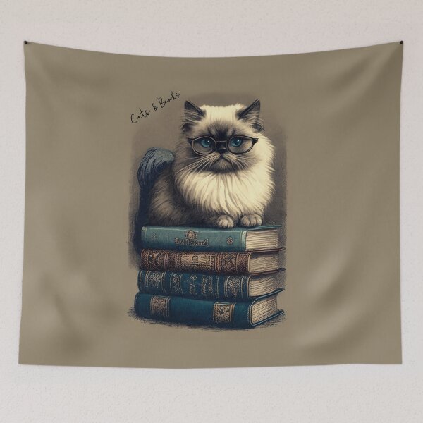 Item preview, Cats and Books! Fluffy Himalayan Cat and Beautiful Old Books designed and sold by newnomads-art.