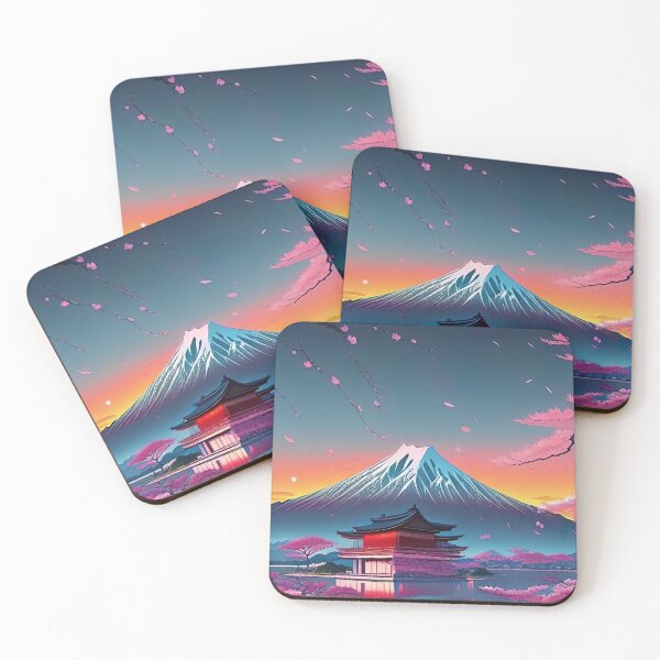 Item preview, Mountain, Temple and Sakura Cherry Blossoms at Sunset - Japanese Landscape Art designed and sold by Sakashi-Canvas.